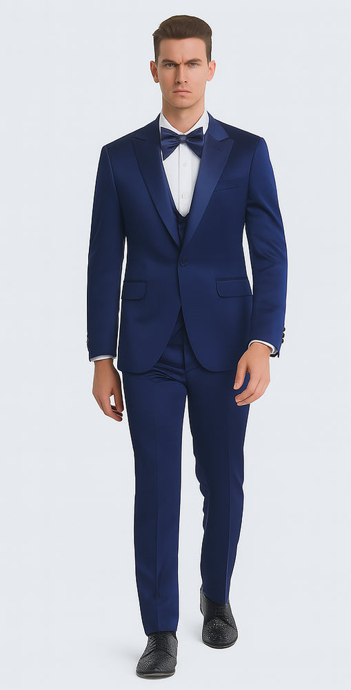 Men's Blue Satin 3 Piece Slim Fit Tazzio Suit with Peak Lapel and Double Breasted Vest – Stylish Formalwear