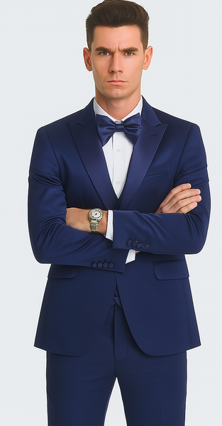 Men's Blue Satin 3 Piece Slim Fit Tazzio Suit with Peak Lapel and Double Breasted Vest – Stylish Formalwear