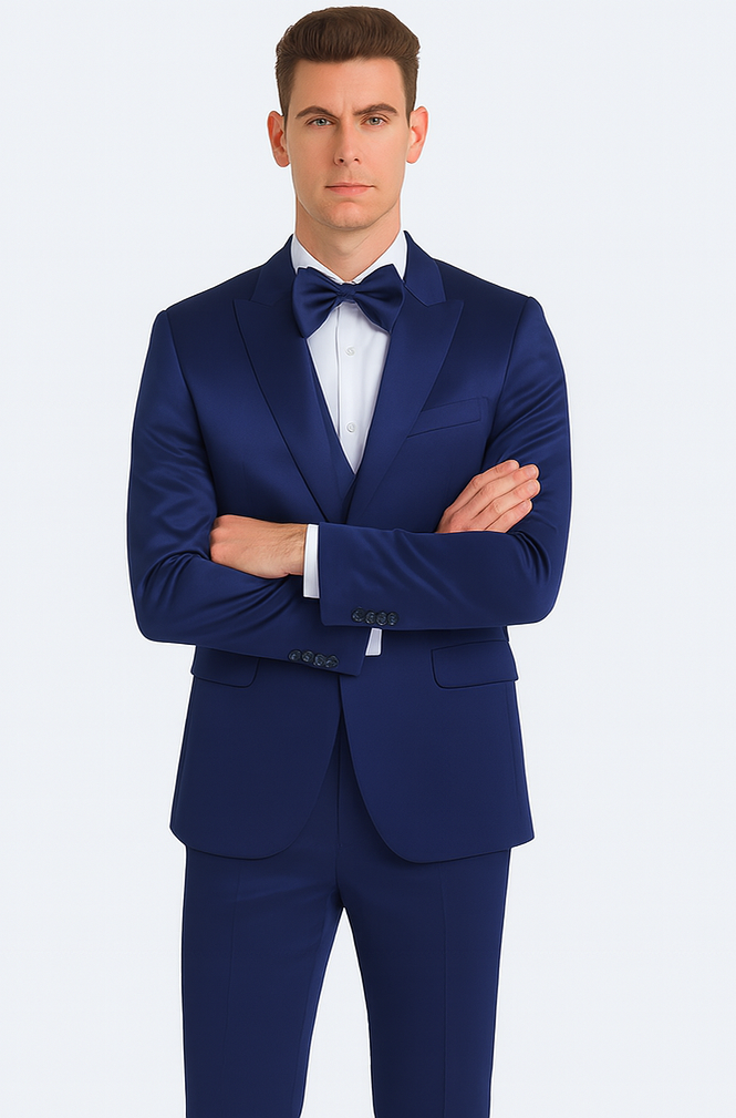 Men's Blue Satin 3 Piece Slim Fit Tazzio Suit with Peak Lapel and Double Breasted Vest – Stylish Formalwear