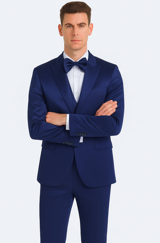 Men's Blue Satin 3 Piece Slim Fit Tazzio Suit with Peak Lapel and Double Breasted Vest – Stylish Formalwear