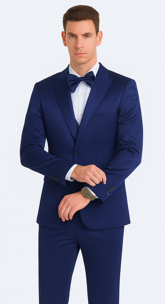 Men's Blue Satin 3 Piece Slim Fit Tazzio Suit with Peak Lapel and Double Breasted Vest – Stylish Formalwear