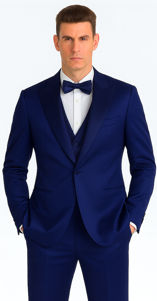 Men's Blue Satin 3 Piece Slim Fit Tazzio Suit with Peak Lapel and Double Breasted Vest – Stylish Formalwear
