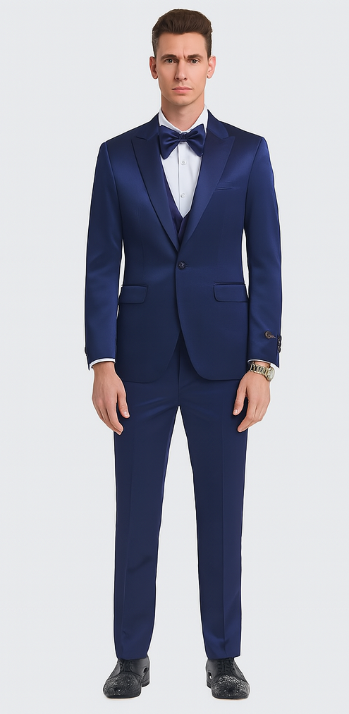 Men's Blue Satin 3 Piece Slim Fit Tazzio Suit with Peak Lapel and Double Breasted Vest – Stylish Formalwear