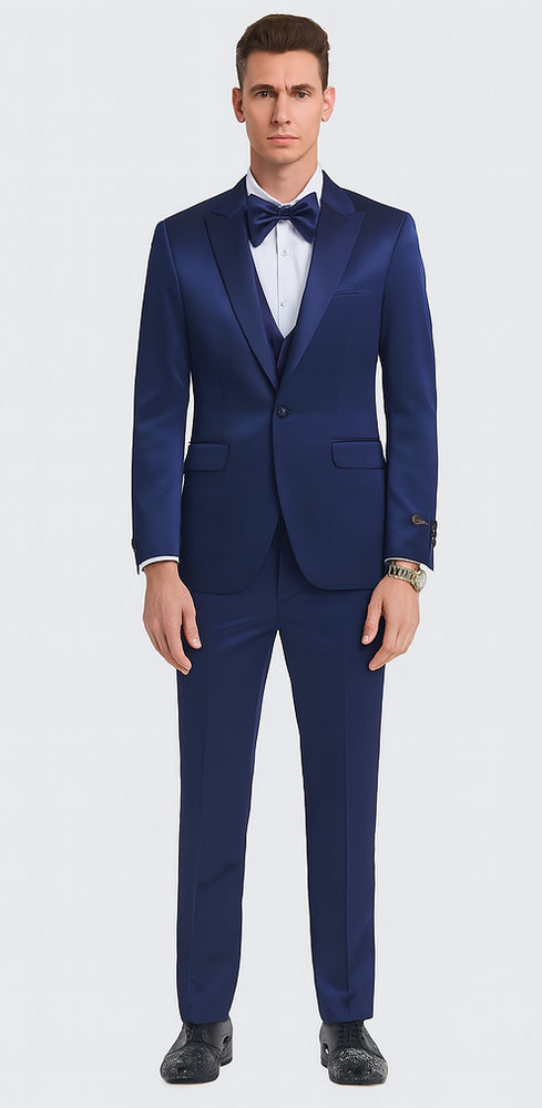Men's Blue Satin 3 Piece Slim Fit Tazzio Suit with Peak Lapel and Double Breasted Vest – Stylish Formalwear