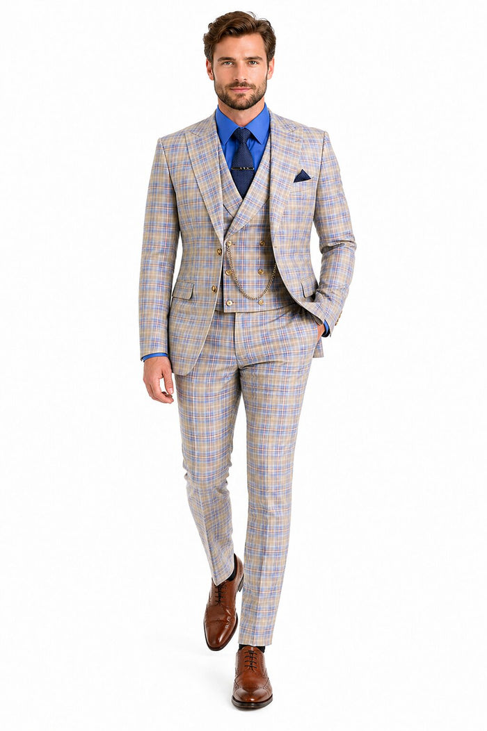 Blue Plaid Suit - Vested Suit - 3 Piece Suits - Peak Lapel Suits - Windowpane Suit - 2 Button