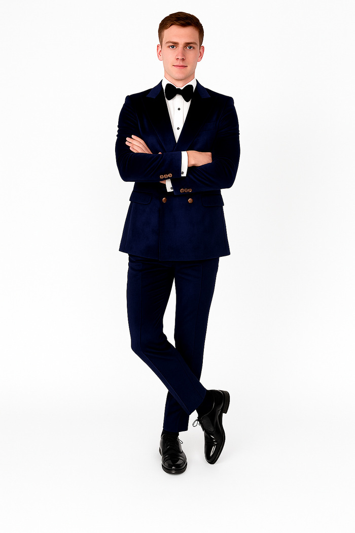 Navy Blue Velvet Double Breasted Suits - Velvet Pants - Slim Fit Suit