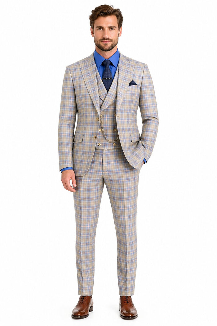 Blue Plaid Suit - Vested Suit - 3 Piece Suits - Peak Lapel Suits - Windowpane Suit - 2 Button