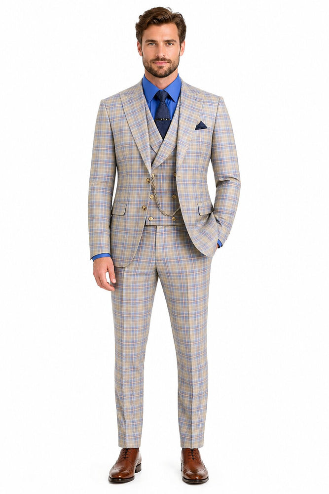 Blue Plaid Suit - Vested Suit - 3 Piece Suits - Peak Lapel Suits - Windowpane Suit - 2 Button