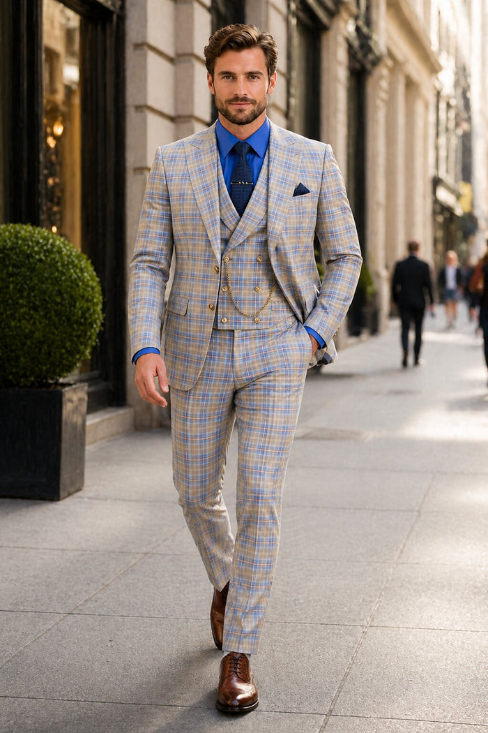 Blue Plaid Suit - Vested Suit - 3 Piece Suits - Peak Lapel Suits - Windowpane Suit - 2 Button