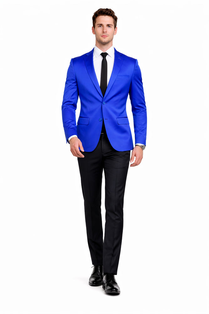 Men’s Slim Fit Blue Satin Blazer – Elegant Two-Button Formal Suit Jacket for Weddings, in blue Color