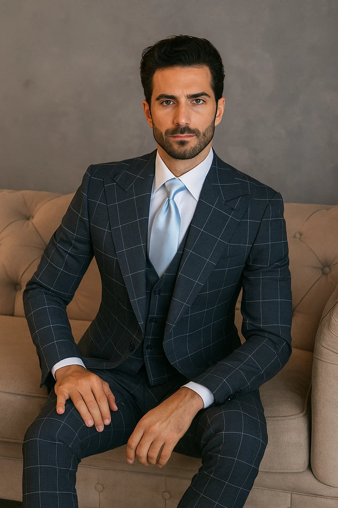 Suits With Baggy Pleated Pants - Wide Leg Pants 100% Wool - Classic Fit in Navy by Rossiman