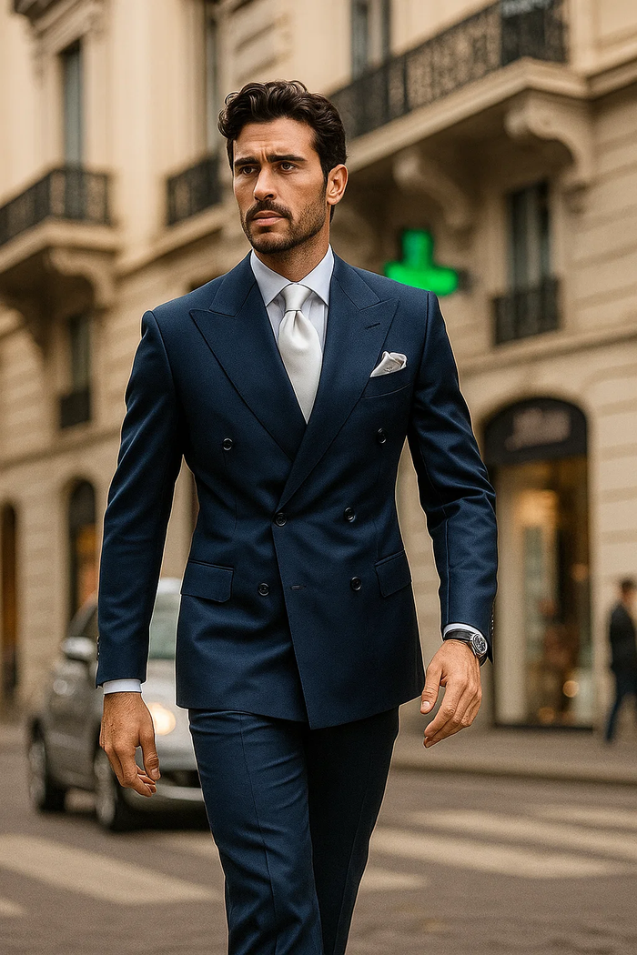Suits With Baggy Pleated Pants - Wide Leg Pants 100% Wool - Classic Fit in Navy Color by Rossiman