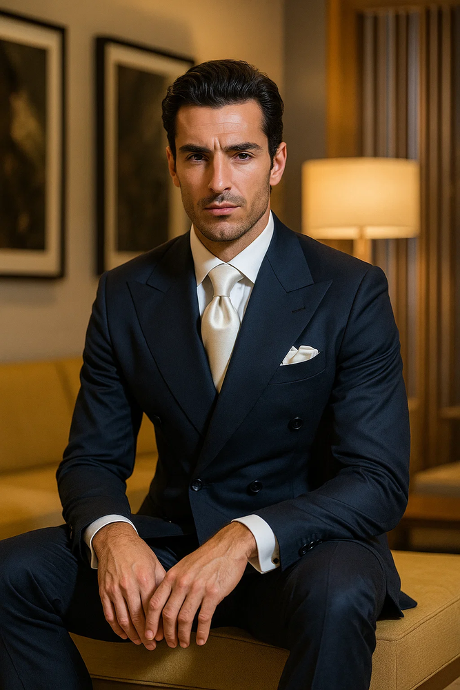 Suits With Baggy Pleated Pants - Wide Leg Pants 100% Wool - Classic Fit in Navy Color by Rossiman