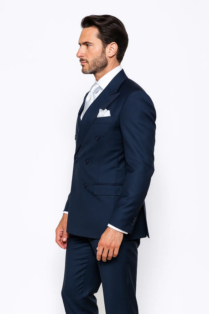 Suits With Baggy Pleated Pants - Wide Leg Pants 100% Wool - Classic Fit in Navy Color by Rossiman
