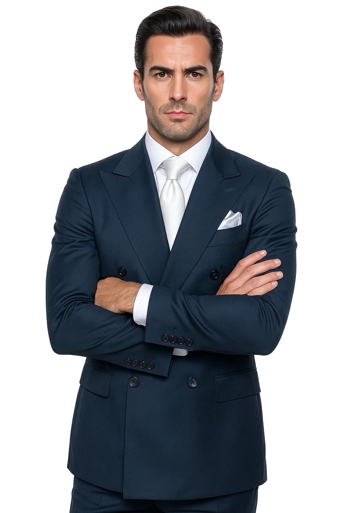 Suits With Baggy Pleated Pants - Wide Leg Pants 100% Wool - Classic Fit in Navy Color by Rossiman