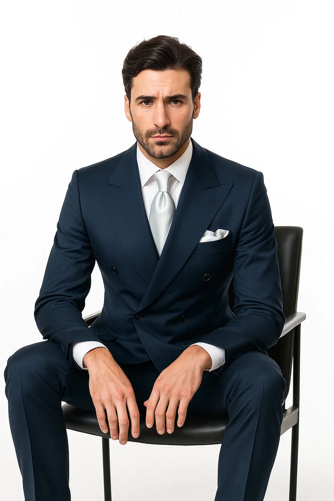 Suits With Baggy Pleated Pants - Wide Leg Pants 100% Wool - Classic Fit in Navy Color by Rossiman