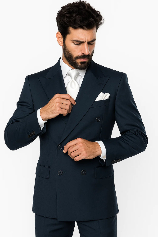 Suits With Baggy Pleated Pants - Wide Leg Pants 100% Wool - Classic Fit in Navy Color by Rossiman
