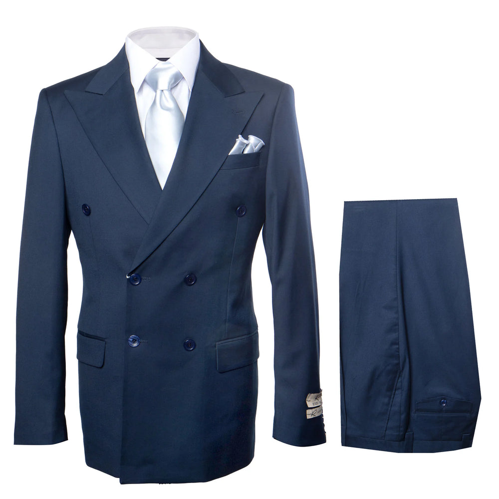 Suits With Baggy Pleated Pants - Wide Leg Pants 100% Wool - Classic Fit in Navy Color by Rossiman