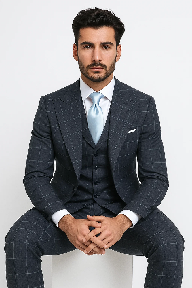 Suits With Baggy Pleated Pants - Wide Leg Pants 100% Wool - Classic Fit in Navy by Rossiman