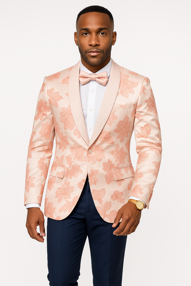 Mens Paisley Jeweled Shawl Prom 2025 Tuxedo in Blush Pink