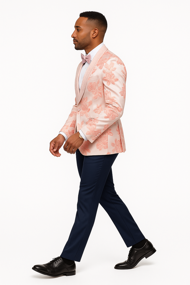 Mens Paisley Jeweled Shawl Prom 2025 Tuxedo in Blush Pink