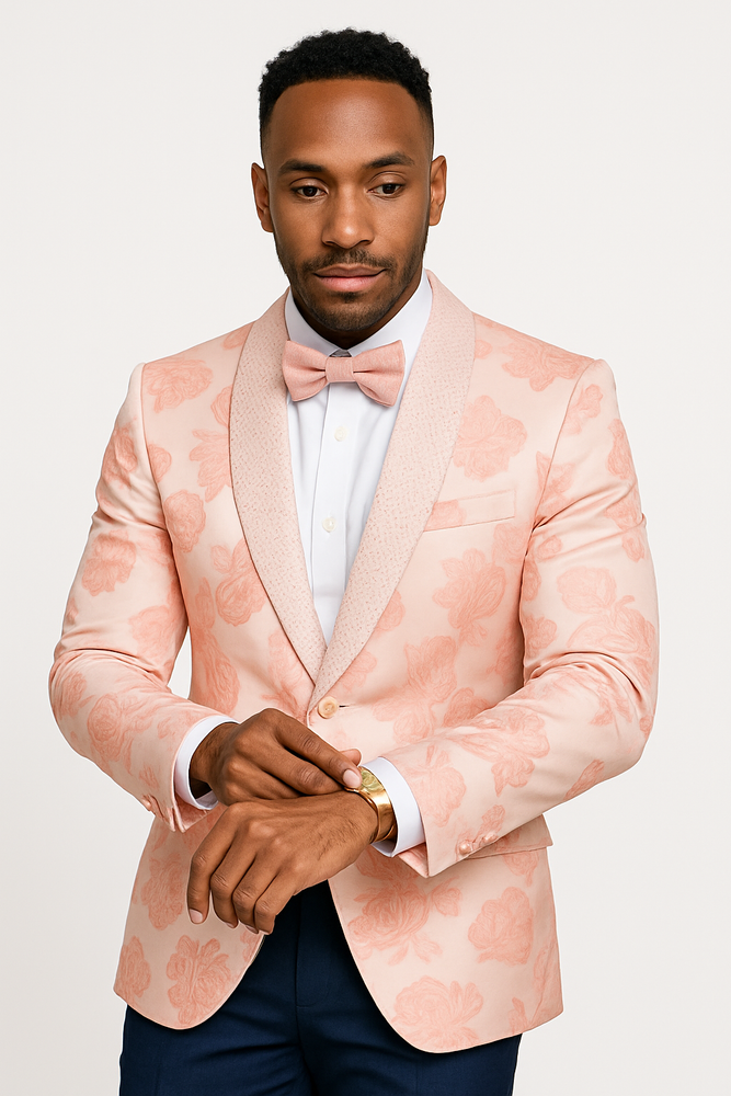 Mens Paisley Jeweled Shawl Prom 2025 Tuxedo in Blush Pink