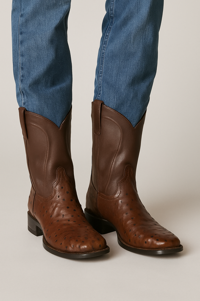 Los Altos Boots Men's Ostrich Roper Western Boots Brown