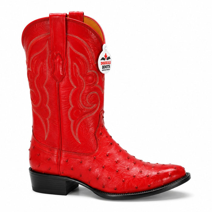 Los Altos Boots Red Ostrich J-Toe Cowboy Boots - Botas De Avestruz