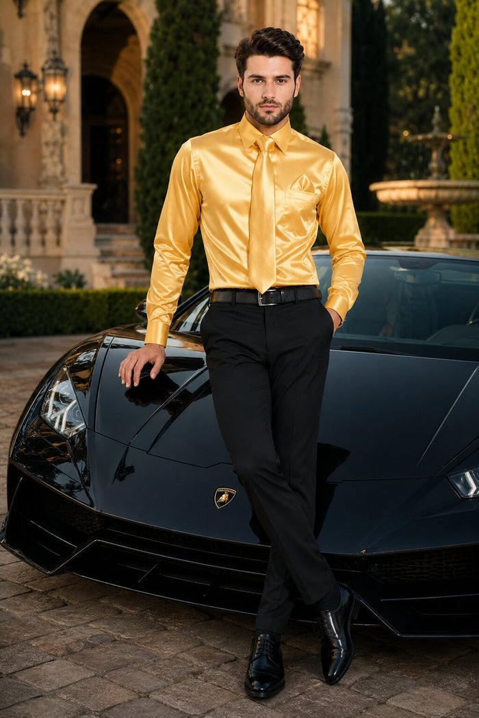 Boys Gold Satin Combo Men's Dress Shirt