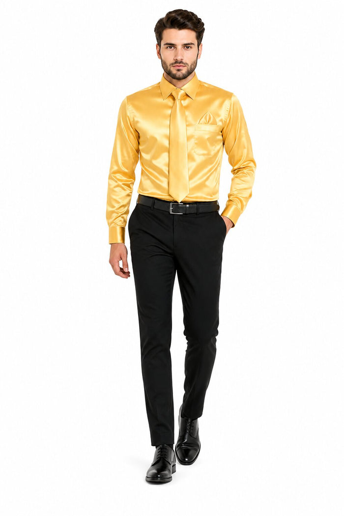 Boys Gold Satin Combo Men's Dress Shirt