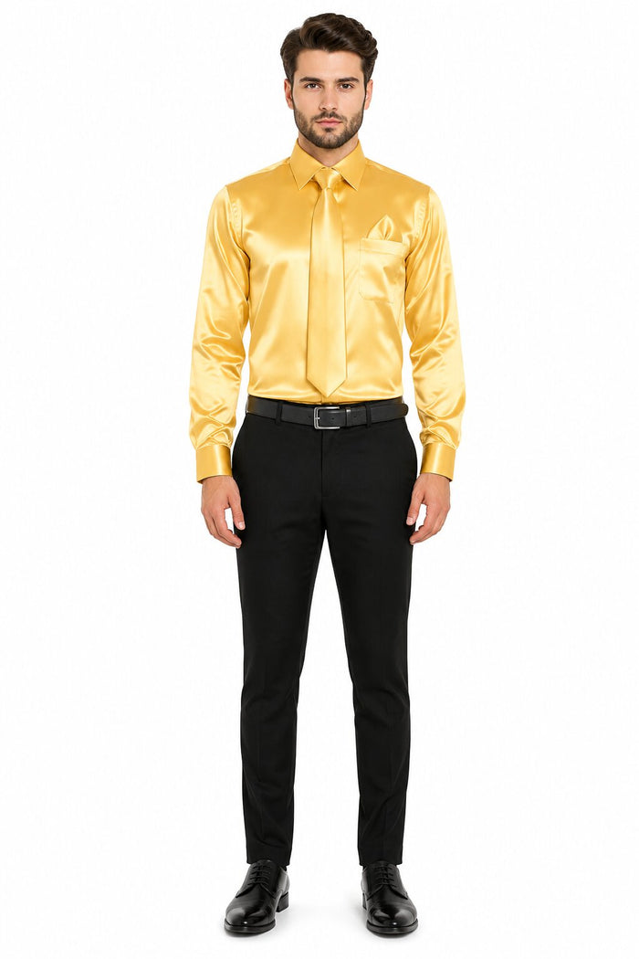 Boys Gold Satin Combo Men's Dress Shirt