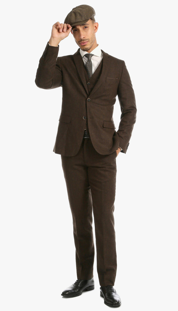 Bradford Cognac Slim Fit 3 Piece Tweed Suit Notch.
