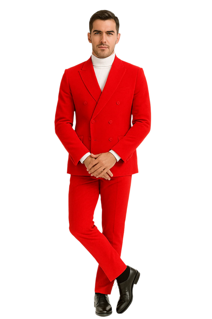 Mens Slim Fit Red Velvet Double Breasted Suit with Peak Lapel – Formal Tuxedo Style