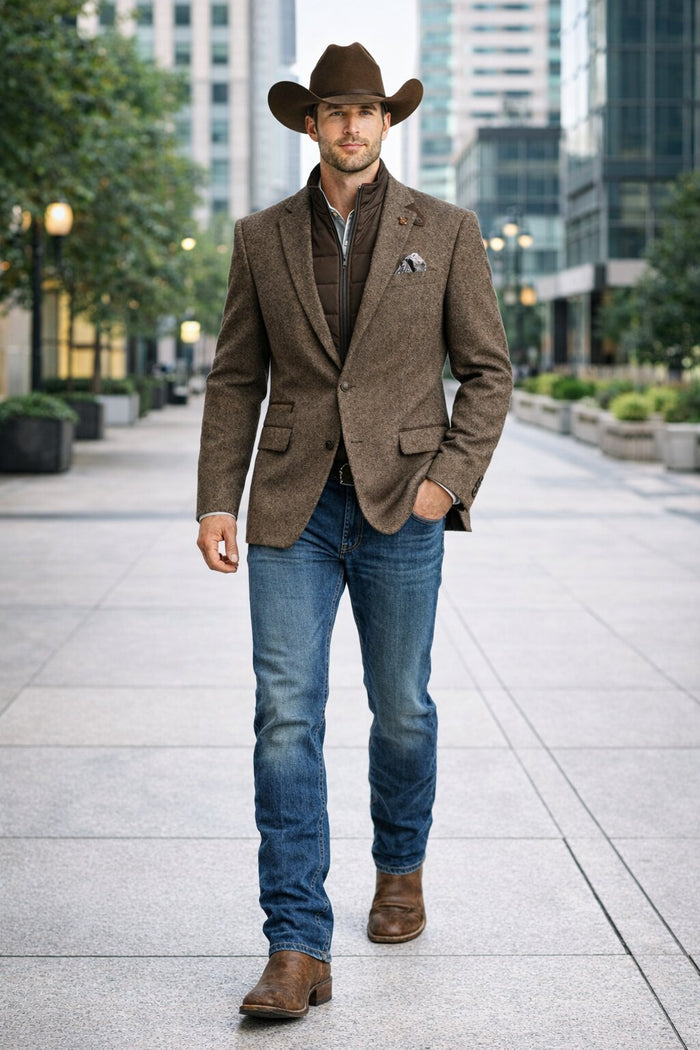 Men’s Brown Herringbone Tweed Cowboy Western Blazer – Classic Country Sport Coat Jacket for Ranch Wear,  Cowboy Jacket