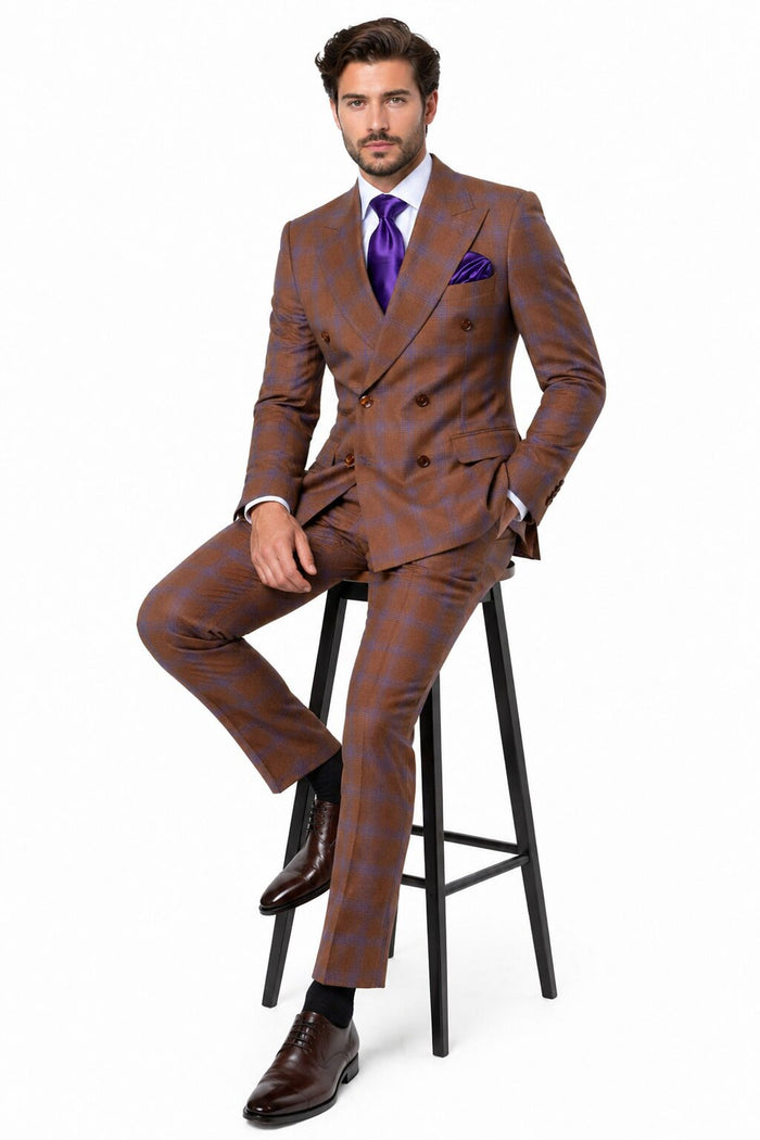 Men’s Brown Plaid Double-Breasted Suit – Premium 2-Piece Classic Checkered Windowpane Suit by Rossiman