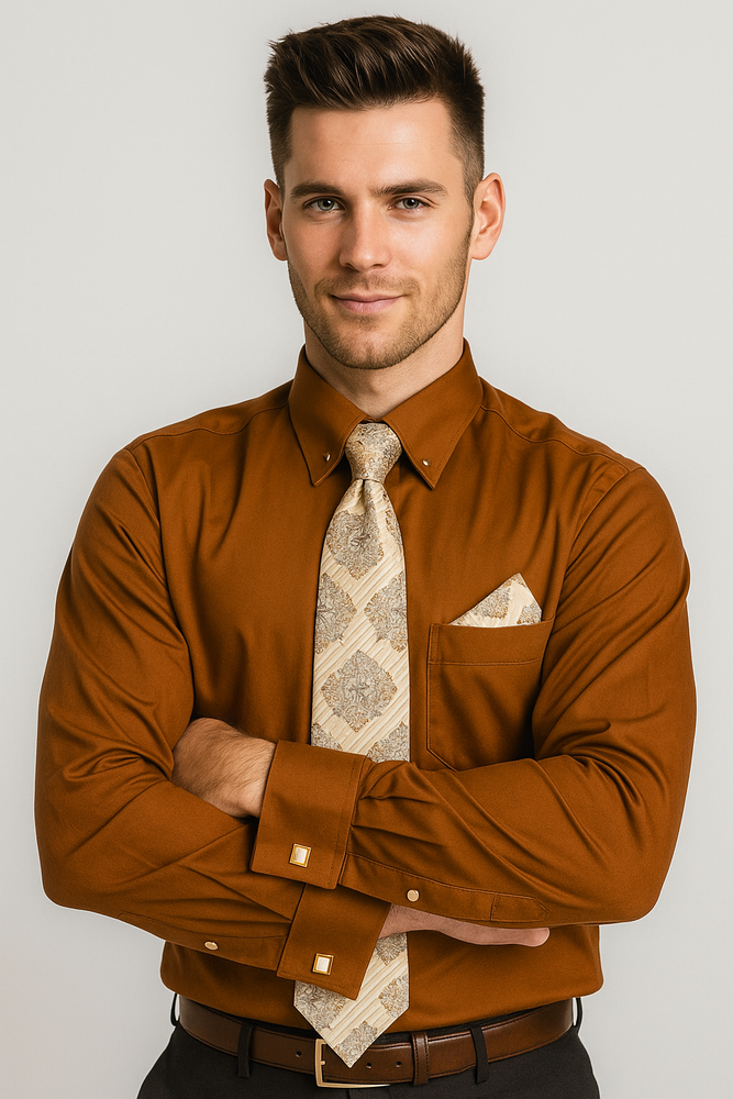 Brown Pin Collar Dress Shirt With Collar Bar