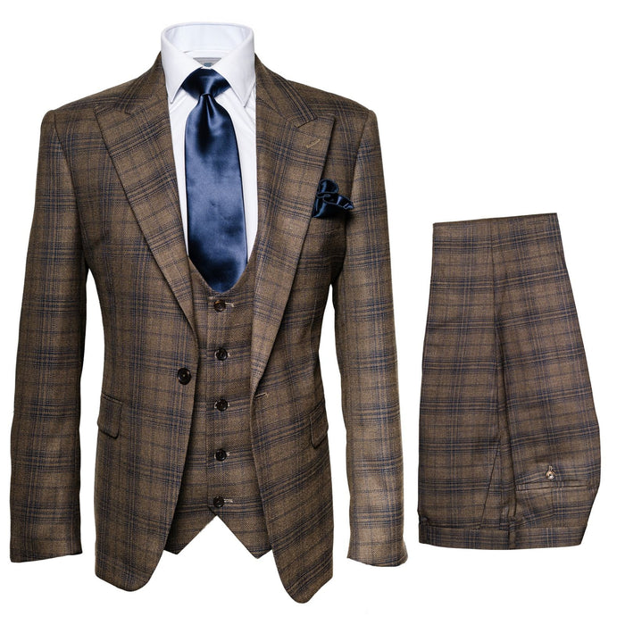 Vintage Camel-Navy Windowpane 3-Piece Gentleman’s Suit for Formal Elegance