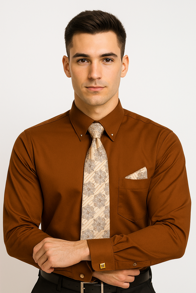 Brown Pin Collar Dress Shirt With Collar Bar