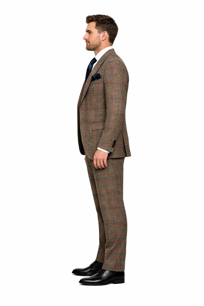 Mens Rossiman Brown Plaid 3-Piece Vested Suit – Classic Tailored Fit