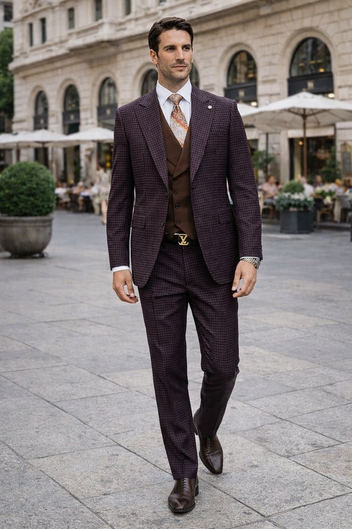 Brown Plaid Suit - Copper - Orange - Rust Color Double Breasted Vest Windowpane Pattern Suit - Wool Suit - Peak Lapel Side Vented Modern Fit