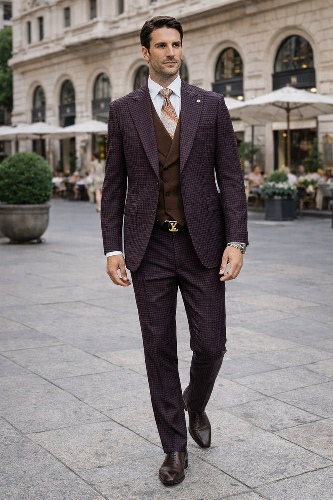 Brown Plaid Suit - Copper - Orange - Rust Color Double Breasted Vest Windowpane Pattern Suit - Wool Suit - Peak Lapel Side Vented Modern Fit
