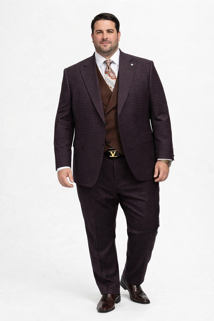 Brown Plaid Suit - Copper - Orange - Rust Color Double Breasted Vest Windowpane Pattern Suit - Wool Suit - Peak Lapel Side Vented Modern Fit