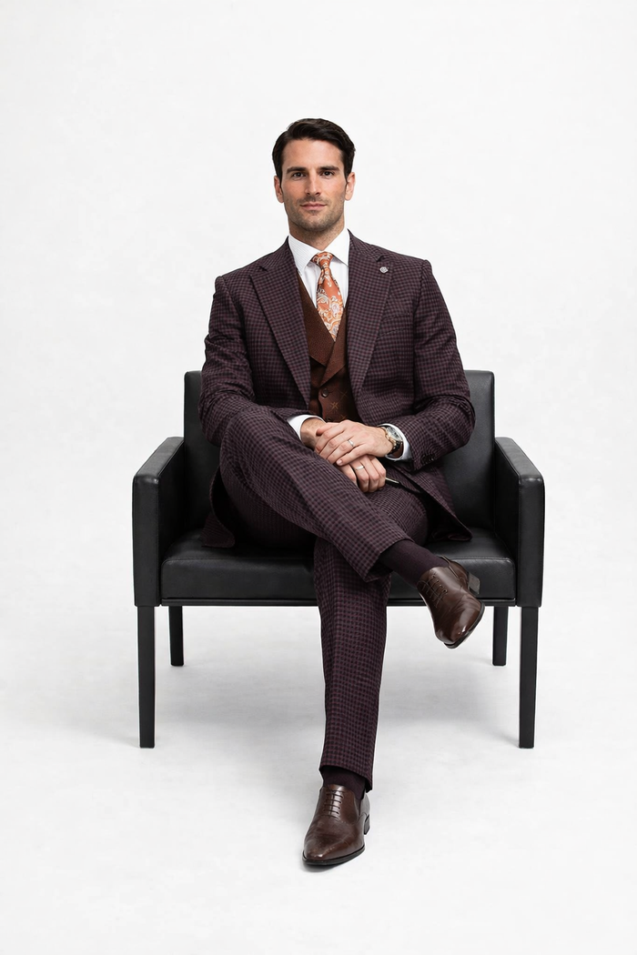 Brown Plaid Suit - Copper - Orange - Rust Color Double Breasted Vest Windowpane Pattern Suit - Wool Suit - Peak Lapel Side Vented Modern Fit