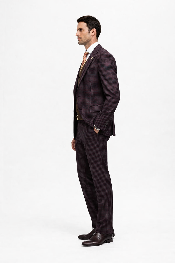 Brown Plaid Suit - Copper - Orange - Rust Color Double Breasted Vest Windowpane Pattern Suit - Wool Suit - Peak Lapel Side Vented Modern Fit