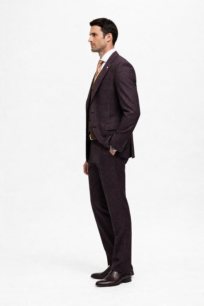 Brown Plaid Suit - Copper - Orange - Rust Color Double Breasted Vest Windowpane Pattern Suit - Wool Suit - Peak Lapel Side Vented Modern Fit