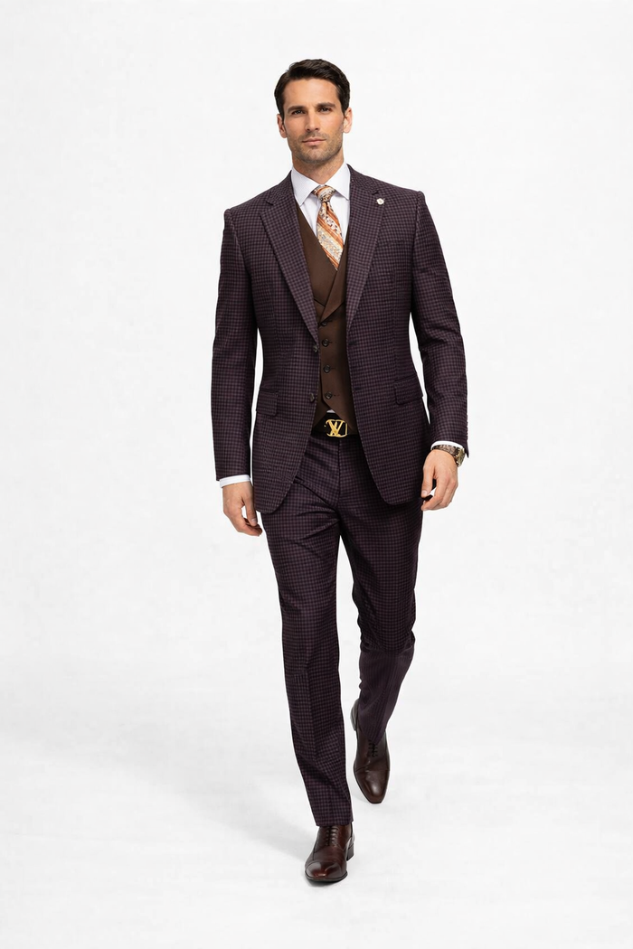 Brown Plaid Suit - Copper - Orange - Rust Color Double Breasted Vest Windowpane Pattern Suit - Wool Suit - Peak Lapel Side Vented Modern Fit