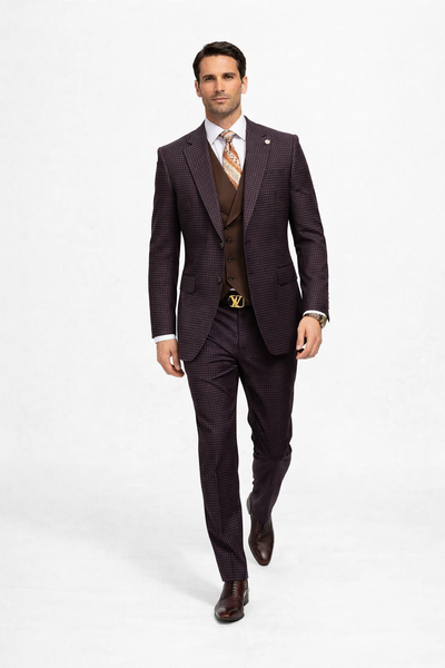 Brown Plaid Suit - Copper - Orange - Rust Color Double Breasted Vest Windowpane Pattern Suit - Wool Suit - Peak Lapel Side Vented Modern Fit