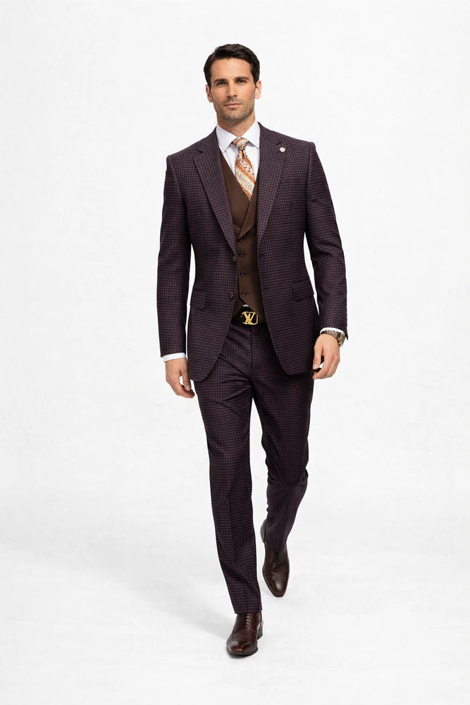 Brown Plaid Suit - Copper - Orange - Rust Color Double Breasted Vest Windowpane Pattern Suit - Wool Suit - Peak Lapel Side Vented Modern Fit