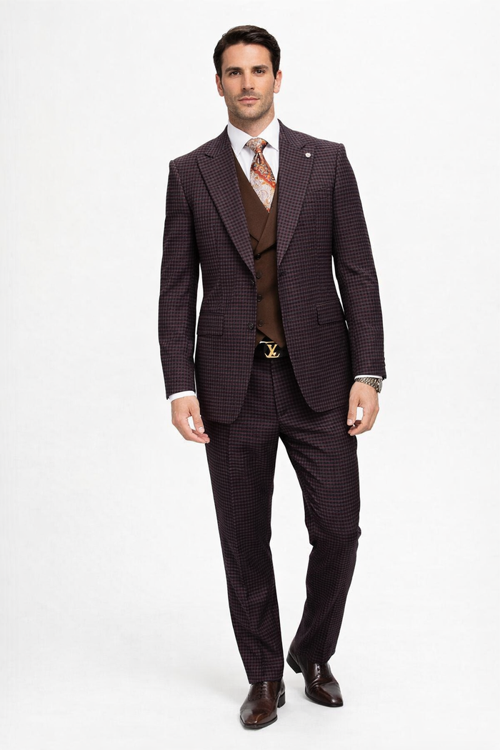 Brown Plaid Suit - Copper - Orange - Rust Color Double Breasted Vest Windowpane Pattern Suit - Wool Suit - Peak Lapel Side Vented Modern Fit