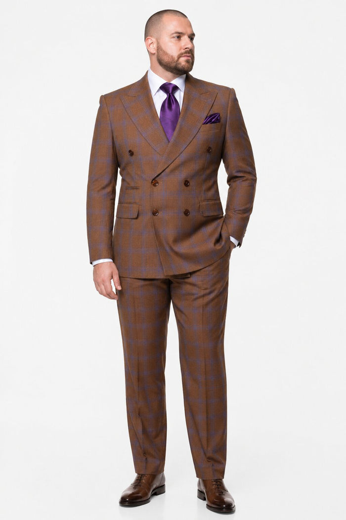 Men’s Brown Plaid Double-Breasted Suit – Premium 2-Piece Classic Checkered Windowpane Suit by Rossiman
